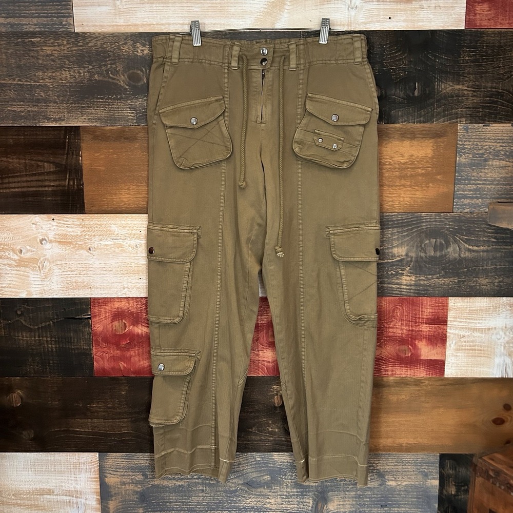 Free People Green Tahiti Cord Cargo Pants Low-Rise Denim Smocked Cotton Size M